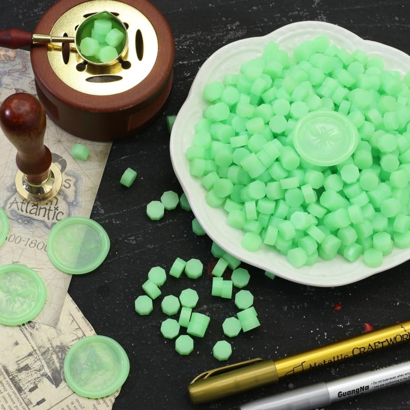 Atopbb Lumin Green 300 Pcs Wax Seal Beads, Sealing Wax Beads, Refilling Octagon Wax Sealing Beads for Wax Stamp Sealing, Perfect for Wedding Invitations, Christmas Cards, Envelopes (Lumin Green) - Image 5